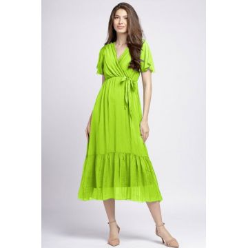 Rochie lunga din matase si vascoza, cu bust petrecut, verde kiwi