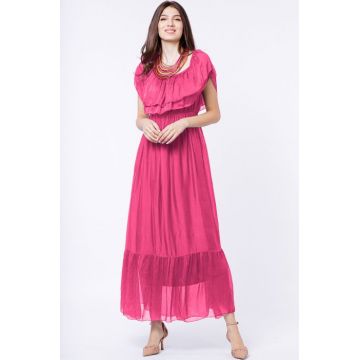 Rochie lunga, fucsia, din matase si vascoza, cu volan pe umeri