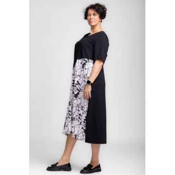 Rochie lunga marmorata alb-negru, din jerseu de bumbac