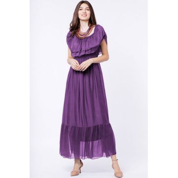Rochie lunga, mov, din matase si vascoza, cu volan pe umeri