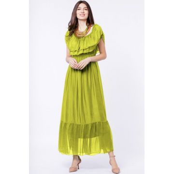 Rochie lunga, verde praz, din matase si vascoza, cu volan pe umeri