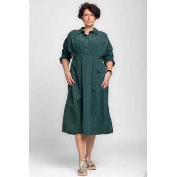 Rochie masura mare din catifea reiata taiata in talie, verde inchis