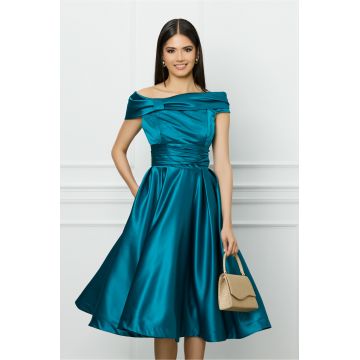 Rochie MBG turcoaz din tafta cu umeri goi Rochie MBG turcoaz din tafta cu umeri goi