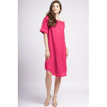 Rochie midi din in fucsia, cu decolteu pe elastic
