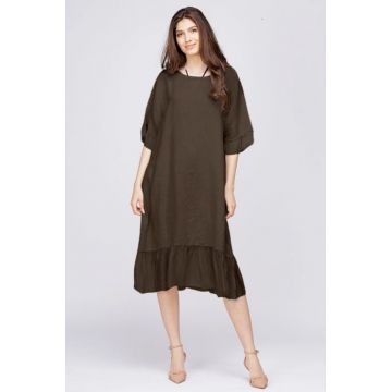 Rochie midi din in maro cu volane din matase si funda pe spate