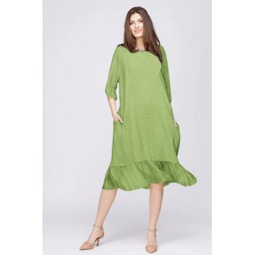 Rochie midi din in verde olive cu volane din matase si funda pe spate