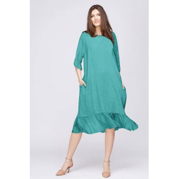 Rochie midi din turcoaz cu volane din matase si funda pe spate
