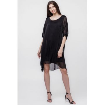 Rochie midi, dreapta, din matase si vascoza, cu funda pe spate, neagra