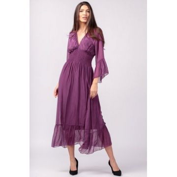 Rochie mov din matase si vascoza cu banda elastica in talie si volane
