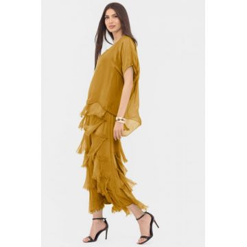 Rochie mustar din matase naturala cu  volane franjurate suprapuse