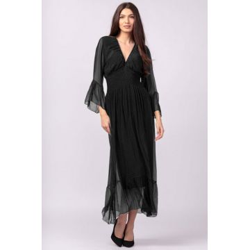 Rochie neagra din matase si vascoza cu banda elastica in talie si volane