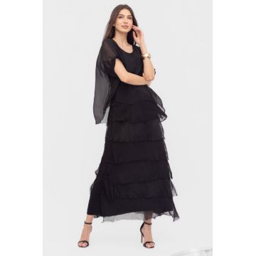 Rochie neagra din matase si vascoza cu  volane franjurate suprapuse