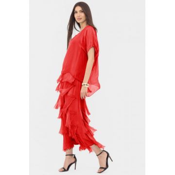 Rochie rosie din matase si vascoza cu  volane franjurate suprapuse
