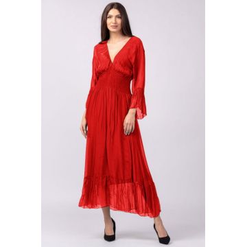 Rochie rosie din matase si vascoza cu banda elastica in talie si volane