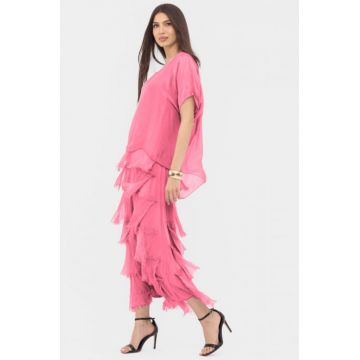 Rochie roz din matase naturala cu  volane franjurate suprapuse