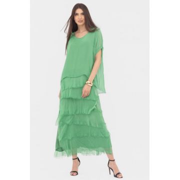 Rochie verde din matase naturala cu  volane franjurate suprapuse