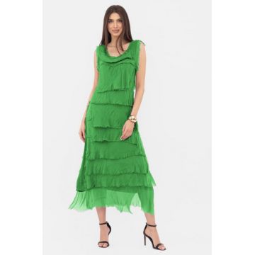 Rochie verde din matase si vascoza cu  volane franjurate suprapuse, fara maneci