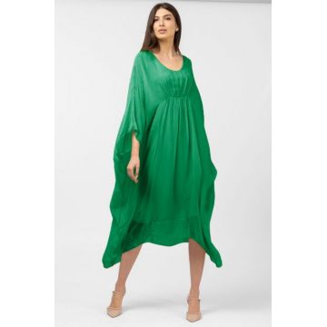 Rochie verde in colturi, lunga, ampla, din matase si vascoza, cu detaliu sub bust