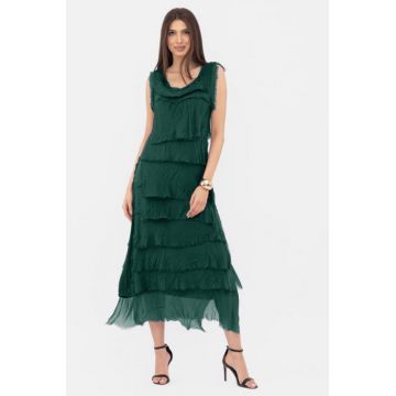 Rochie verde inchis din matase si vascoza cu  volane franjurate suprapuse, fara maneci