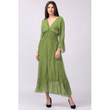 Rochie verde oliv din matase si vascoza cu banda elastica in talie si volane