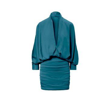 Rochie mini turcoaz cu bust drapat si maneca evazata