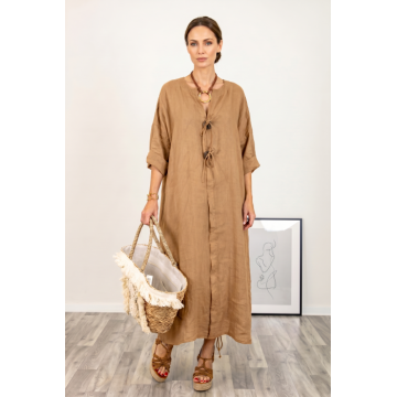 Rochie oversize din in, cu nasturi pe piept, camel