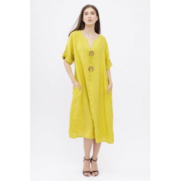 Rochie oversize din in, cu nasturi pe piept, galbena