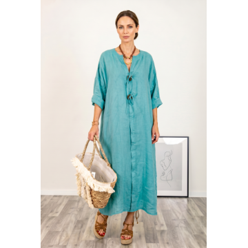 Rochie oversize din in, cu nasturi pe piept, turcoaz