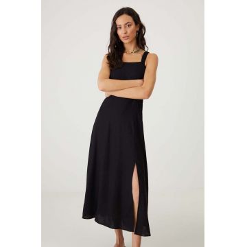 Medicine rochie din amestec de in culoarea negru, midi, evazati
