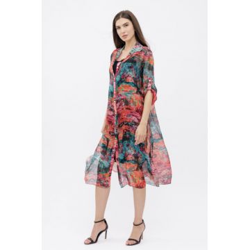Rochie camasa A-line din matase si vascoza  cu dublura , imprimeu pictural cu rosu si turcoaz
