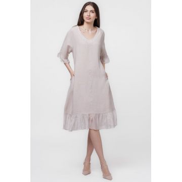 Rochie din in bej, cu volane din matase si snur in talie