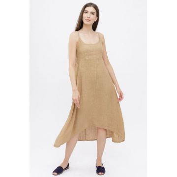 Rochie din in, cu bretele reglabile si elastic la spate, camel