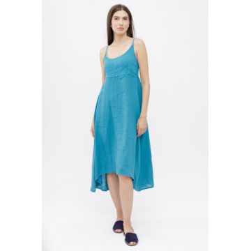 Rochie din in, cu bretele reglabile si elastic la spate, turcoaz
