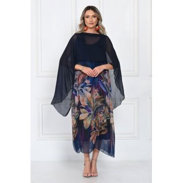Rochie lunga eleganta A-line, cu imprimeu vegetal pe fond bleumarin