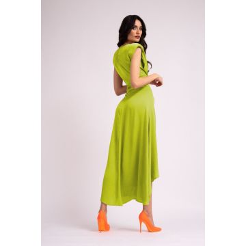 Rochie midi neon cu umeri supradimensionati si crapatura pe picior
