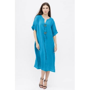 Rochie oversize din in, cu nasturi pe piept, albastru azur