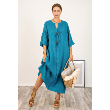 Rochie oversize din in, cu nasturi pe piept, albastru azur