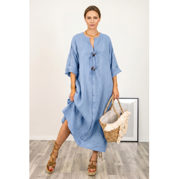 Rochie oversize din in, cu nasturi pe piept, albastru deschis