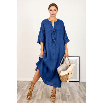 Rochie oversize din in, cu nasturi pe piept, albastru electric