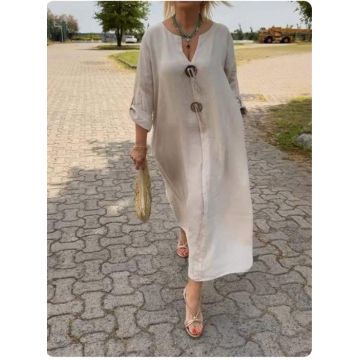 Rochie oversize din in, cu nasturi pe piept, bej