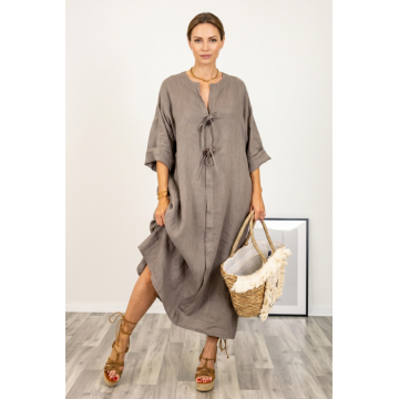 Rochie oversize din in, cu nasturi pe piept, bej inchis