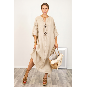 Rochie oversize din in, cu nasturi pe piept, bej