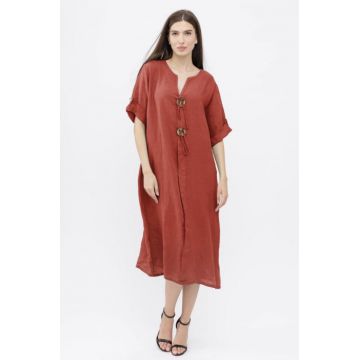 Rochie oversize din in, cu nasturi pe piept, caramizie