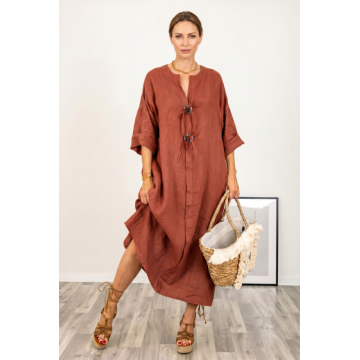 Rochie oversize din in, cu nasturi pe piept, caramizie