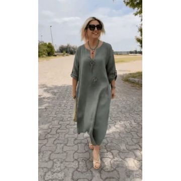 Rochie oversize din in, cu nasturi pe piept, kaki