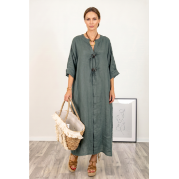 Rochie oversize din in, cu nasturi pe piept, kaki