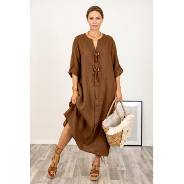 Rochie oversize din in, cu nasturi pe piept, maro