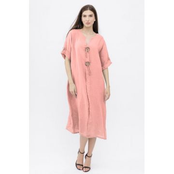 Rochie oversize din in, cu nasturi pe piept, roz