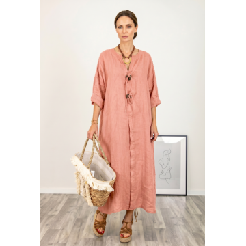 Rochie oversize din in, cu nasturi pe piept, roz