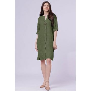 Rochie tunica din in kaki, cu nasture metalic decorativ